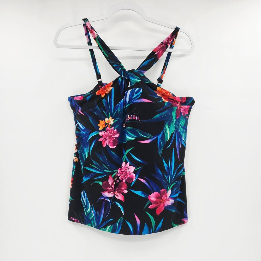 Black Multicolored Tropical Floral Print Strappy Tankini Top Padded Women's 14